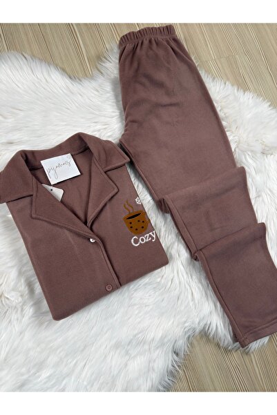 Pijamacs Brown Cozy Patterned Buttoned Front Fleece Pajama Set