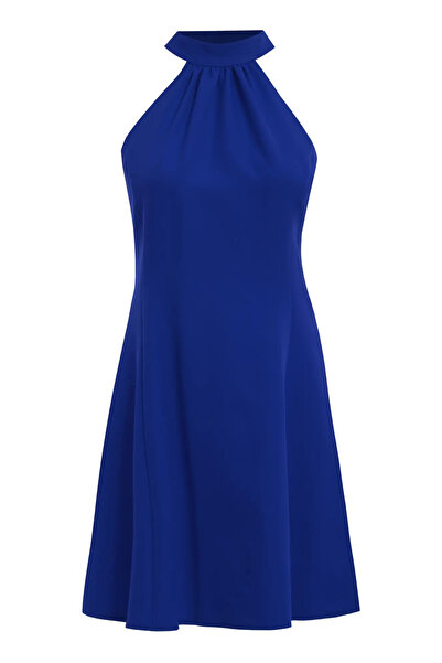 Keikei Saks Mavisi Krep Kolsuz Kısa Elbise