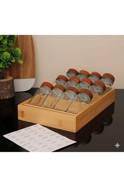 maghomee 13 Parça Bambu Standlı Cam Baharatlık Seti 120 Ml - 12'li + 1 Standl...