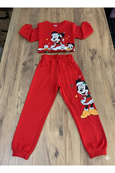 YusGos Unisex Kız/Erkek Çocuk Pamuklu Minnie Mouse Baskılı Yeni Yıl Temalı Pijama Eşofman Takım (3-9 Yaş)