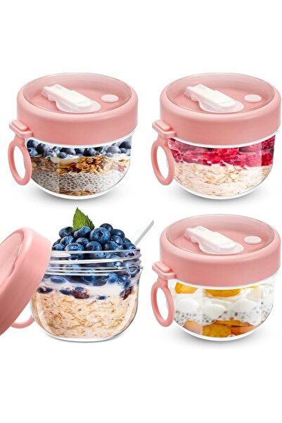 Generic Tazweeq 4 Pcs Pink Overnight Oats Container with Lids and Spoons, 600ML Plastic Overnight Oats Jars