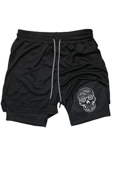 Maki Home Hızlı Kuruyan 2 in 1 Yetişkin Unisex Spor Mexican Skull Baskılı Taytlı Şort Fitness Gym Antrenman