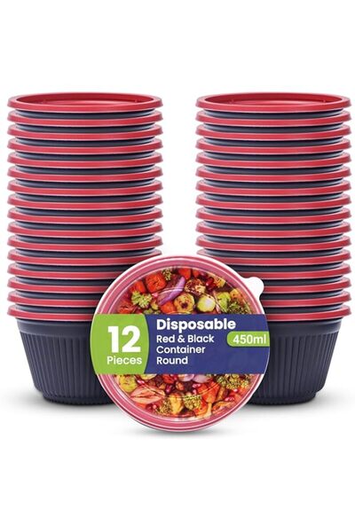 Generic Packing 12-Pack Round Plastic Containers with Lids - 450ml Black & Re...