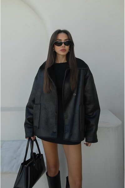 Havoş Black patch pocket fur-lined jacket