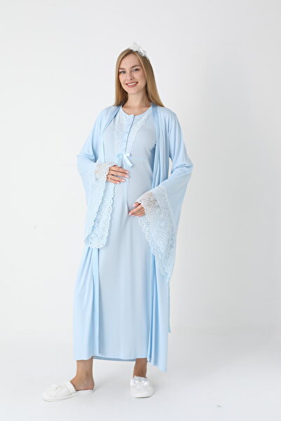 Lohussa طقم ثوب نوم نسائي أزرق بتصميم خاص من الدانتيل بطول كامل للشتاء بأكمام...