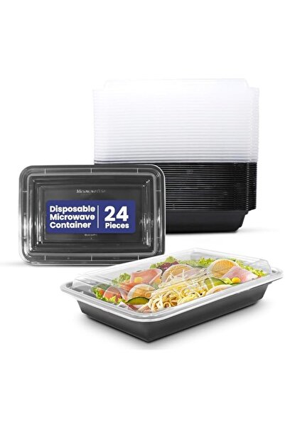 Generic SNH Packing 24 Pieces Microwave Disposable Container With Lid Rectangular - 1 Compartment Meal Prep