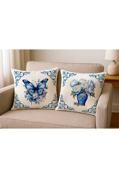 MİNOZA طقم غطاء وسادة مزخرف بالفراشات الزرقاء والزهور من ديجيتال مطبوع - قطعت...