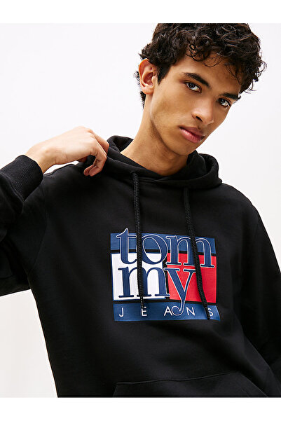 Tommy Hilfiger Ανδρικό μαύρο μπλουζάκι με κουκούλα