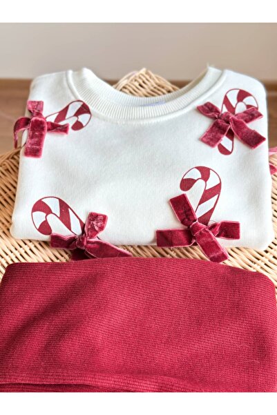 Pinkitokids Ri̇bbon and Candy Suede Bow Detail Sweatshirt and Spanish Cut Leggings Set