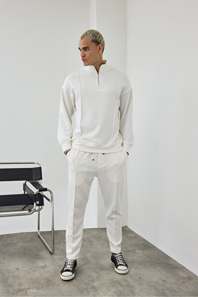 İLKCET MODA Модальний тканинний білий костюм зі стоячим коміром та штанами