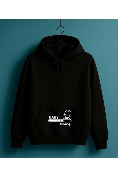 IV QUATTUOR Hamile Siyah Kapüşonlu Oversize 3 iplik Şardonlu Bol Kesim Kadın Hoodie Sweatshirt