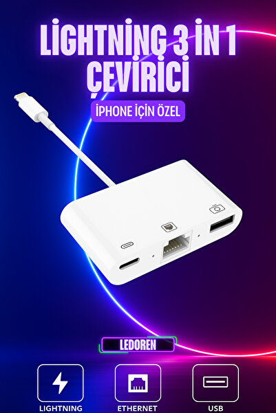 L'eDoren İphone Uyumlu Lightning 3In1 Ethernet Rj45 Ve Usb Kamera Adaptörü