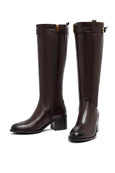 Derimod Kadın Kahverengi Fermuarlı Kalın Topuklu Deri Çizme 25WFD282018