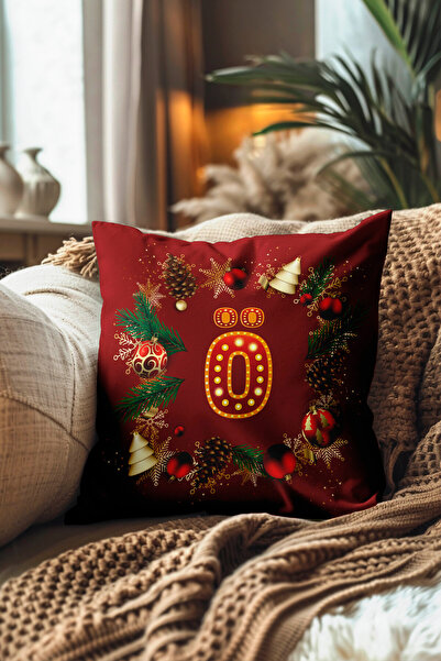 Pillow Dream Digital Printed Throw Pillow Cover in Red and Yellow Colors with New Year Themed Letter Globe Pine Tree Pattern
