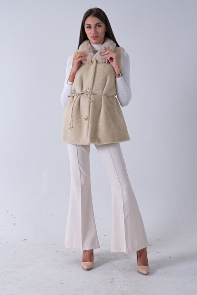 Feminist Yakası Peluşlu Tek Düğme Kapamalı Yelek Taş 4579035