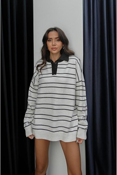 Havoş Ekru Hecht Çizgili Polo Yaka Kazak