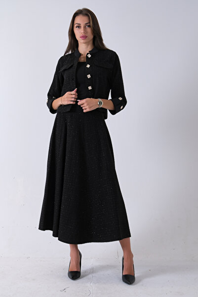 Feminist Önü Düğme Kapamalı Crop Ceket Etekli Tüvid Takım Siyah 45950601