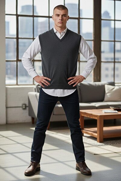 EREN STYLE Πουλόβερ με λαιμόκοψη σε σχήμα V από ανθρακί (Unisex)