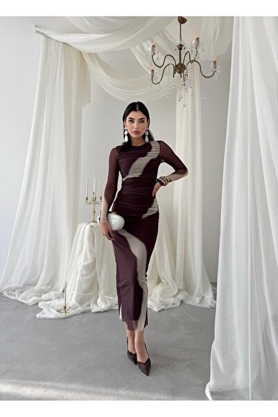 Mostpera Uzun Kollu Desenli Troyes Tül Elbise