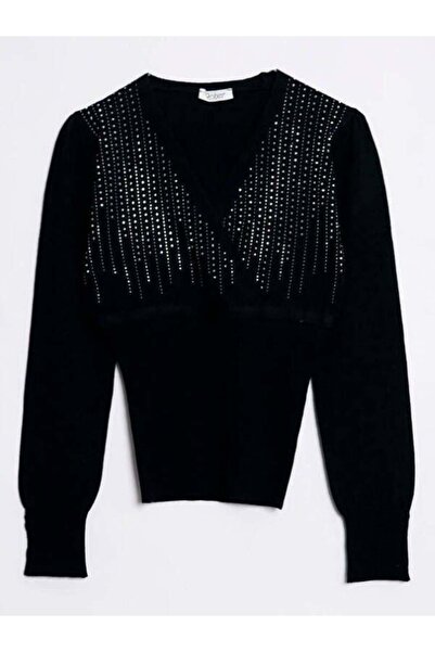 Robin 94267 Kruvaze Taşlı Triko Siyah