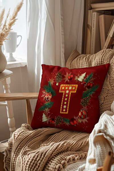 Pillow Dream Digital Printed Throw Pillow Cover in Red and Yellow Colors with New Year Themed Letter Globe Pine Tree Pattern