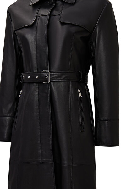 Derimod Betina Kadın Siyah Gömlek Yaka Deri Pardösü 25WGD5615U4
