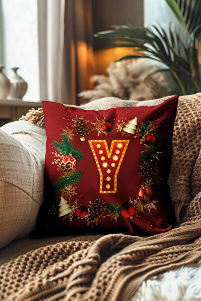 Pillow Dream Digital Printed Throw Pillow Cover in Red and Yellow Colors with New Year Themed Letter Globe Pine Tree Pattern