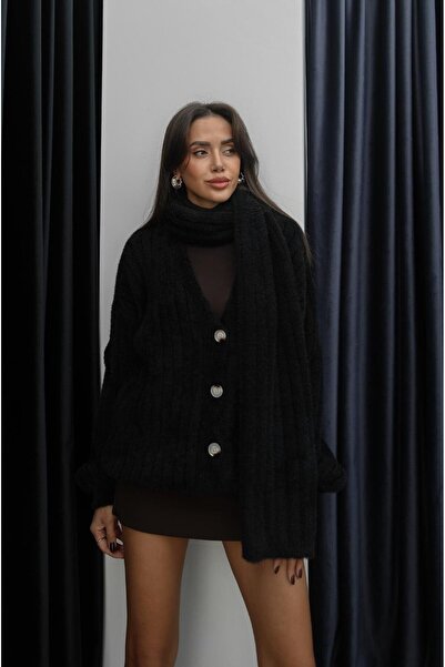 Havoş Black Scarf Soft Textured Cardigan