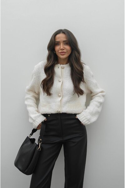 Havoş Ecru Gold Buttoned Textured Cardigan