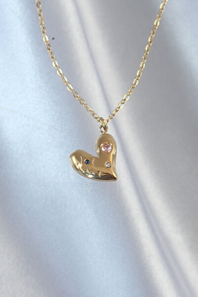 Skygo 316L Steel Chain Gold Color Colorful Zircon Stone Heart Necklace - Tj-Bko8905