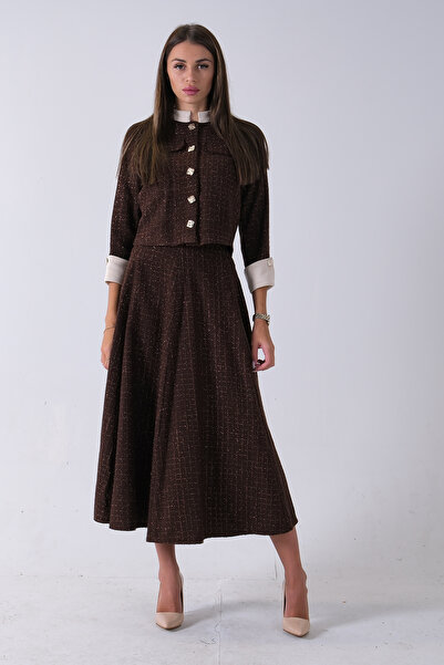 Feminist Önü Düğme Kapamalı Crop Ceket Etekli Tüvid Takım Kahve 45950601