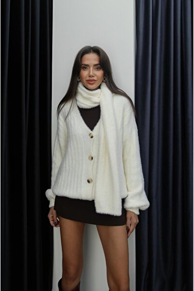 Havoş Ecru Scarf-Neck Soft Textured Cardigan
