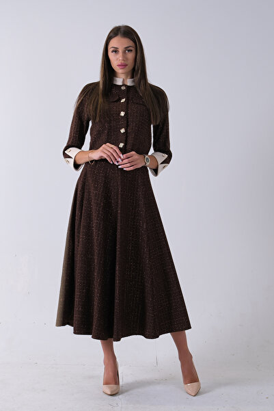 Feminist Önü Düğme Kapamalı Crop Ceket Etekli Tüvid Takım Kahve 45950601