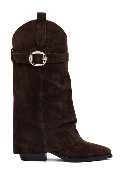 Derimod Women's Brown Thick Heeled Suede Leather Boots 25Afd490610