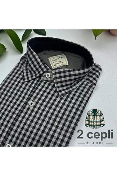 EREN STYLE Cămașă gri din țesătură flanel de iarnă, cu mânecă lungă, 100% bumbac, cu două buzunare și închidere (Regular