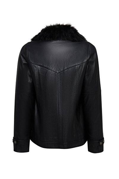 Derimod Hannah Kadın Siyah Yaka Kürklü Oversize Deri Mont 25WGE56141M