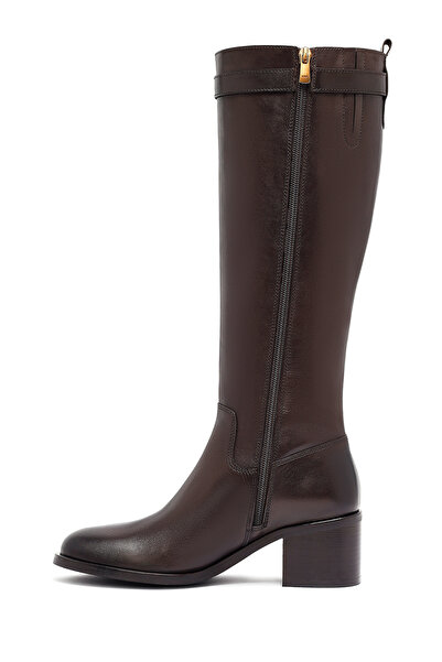 Derimod Kadın Kahverengi Fermuarlı Kalın Topuklu Deri Çizme 25WFD282018