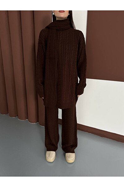 MEECY Knitted Patterned Scarf Knitwear Set