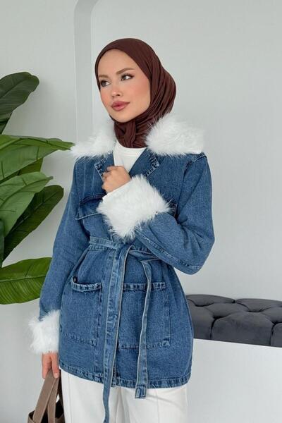 Şulemoda Giyim Γούνινο τζιν μπουφάν Ice Blue