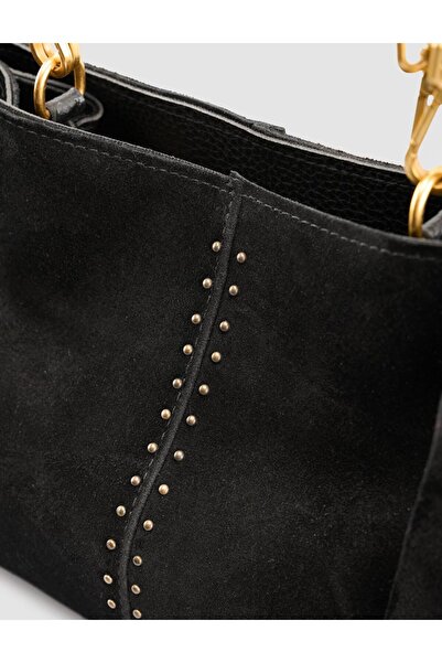 Cabani Black Suede Women's Bag with Metal Handle Detail