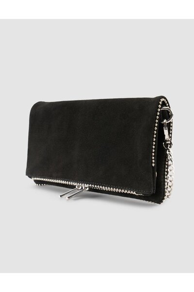 Cabani Black Suede Women's Shoulder Bag with Staple Detail