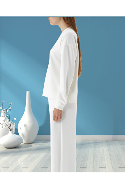 MinervaXint Women's Crew Neck Textured Logo Detailed Modal Fabric Oversized Sweatshirt