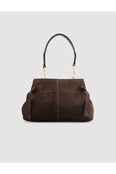 Cabani Brown Suede Women's Bag with Metal Handle Detail