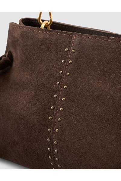 Cabani Brown Suede Women's Bag with Metal Handle Detail