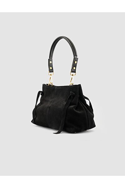 Cabani Black Suede Women's Bag with Metal Handle Detail