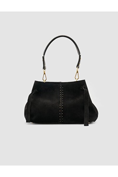 Cabani Black Suede Women's Bag with Metal Handle Detail