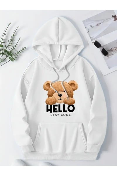 Massgai Hanorac unisex Bear Hello Cool cu imprimeu Design cu glugă supradimen...
