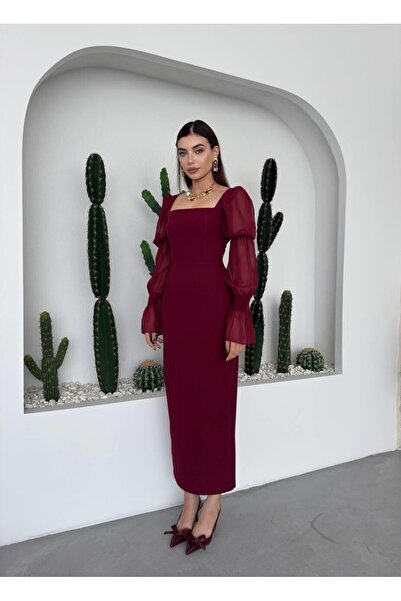 Mostpera Kare Yaka Uzun Kollu Hare Kolları Fırfır Detaylı Elbise