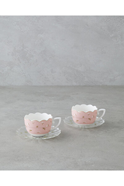 English Home طقم فناجين قهوة من البورسلين الصيني نيو بون تشاينا مكون من 4 قطع لشخصين مع صحون زجاجية بسعة 80 مل باللون الوردي والأخضر.