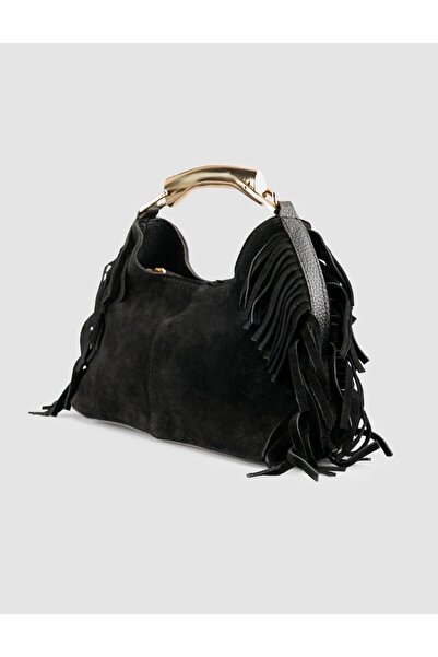 Cabani Black Suede Women's Bag with Metal Handle and Tassels